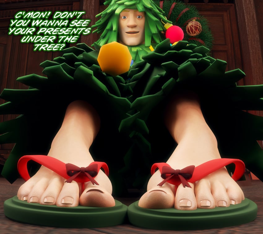 1boy 3d asking_a_question barefoot big_feet christmas christmas_lights christmas_tree christmas_tree_costume christmas_wreath clothed english_text feet flip_flops foot_fetish foot_focus fortnite fortnite:_battle_royale gay ghillie_suit indoors jonesy_(fortnite) looking_at_viewer lt._evergreen male male_only mrgtsfloop ornament presenting presenting_feet ribbon ribbons solo solo_focus solo_male talking_to_viewer text toenails winterfest wreath