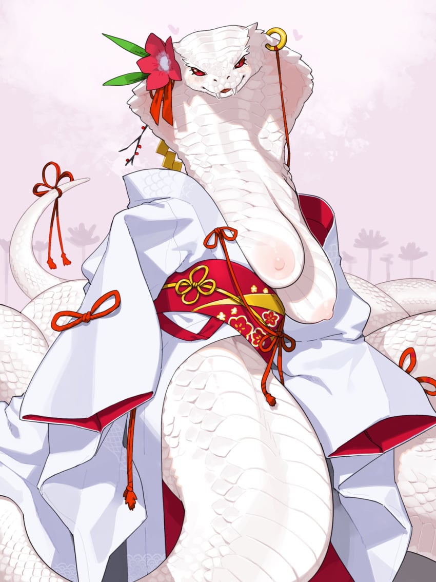 1girls 2025 anthro areola asian_clothing breasts clothed clothed_anthro clothed_female clothing cobra digital_media_(artwork) east_asian_clothing exposed_breasts fangs female female_only flower front_view hi_res japanese_clothes japanese_clothing kame_3 kimono long_tail looking_at_viewer nipples non-mammal_breasts non-mammal_nipples plant red_eyes reptile scales scalie snake snake_hood solo tail teeth white_body white_scales