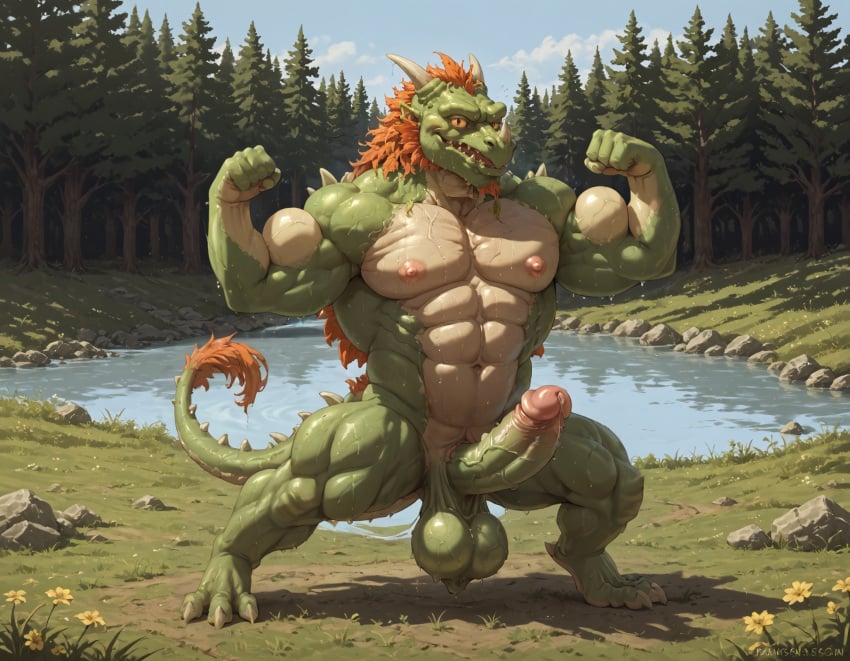 1boy 1male abs ai_generated anthro balls bara booster_rex colored_skin completely_nude completely_nude_male day dragon dragon_horns dragon_tail electronic_arts erection flower full_body furry furry_male grass green_skin horns large_pectorals looking_at_viewer male male_focus male_only masturbation mature mature_anthro mature_male monster monster_boy muscular muscular_anthro muscular_male nsfw nude nudity orange_hair outdoors pectorals penis plants_vs_zombies popcap_games precum pvz scales snapdragon_(pvz) solo tail testicles thick_thighs thighs tree uncensored veins veiny_penis water