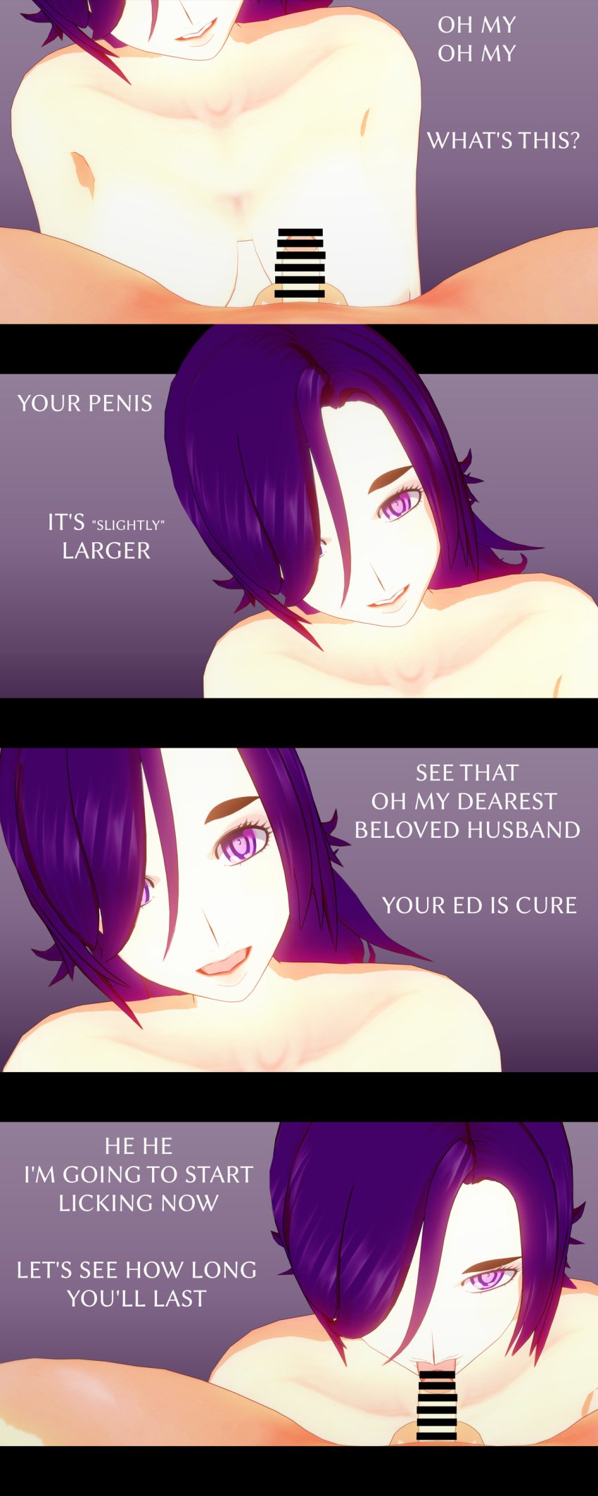 1boy 1girls 3d comic dialogue english_text heart-shaped_pupils heart_eyes husband_and_wife licking_penis male_pov married_couple mirthenar nude penis penis_lick poor_grammar pov purple_eyes purple_hair small_penis small_penis_adoration text