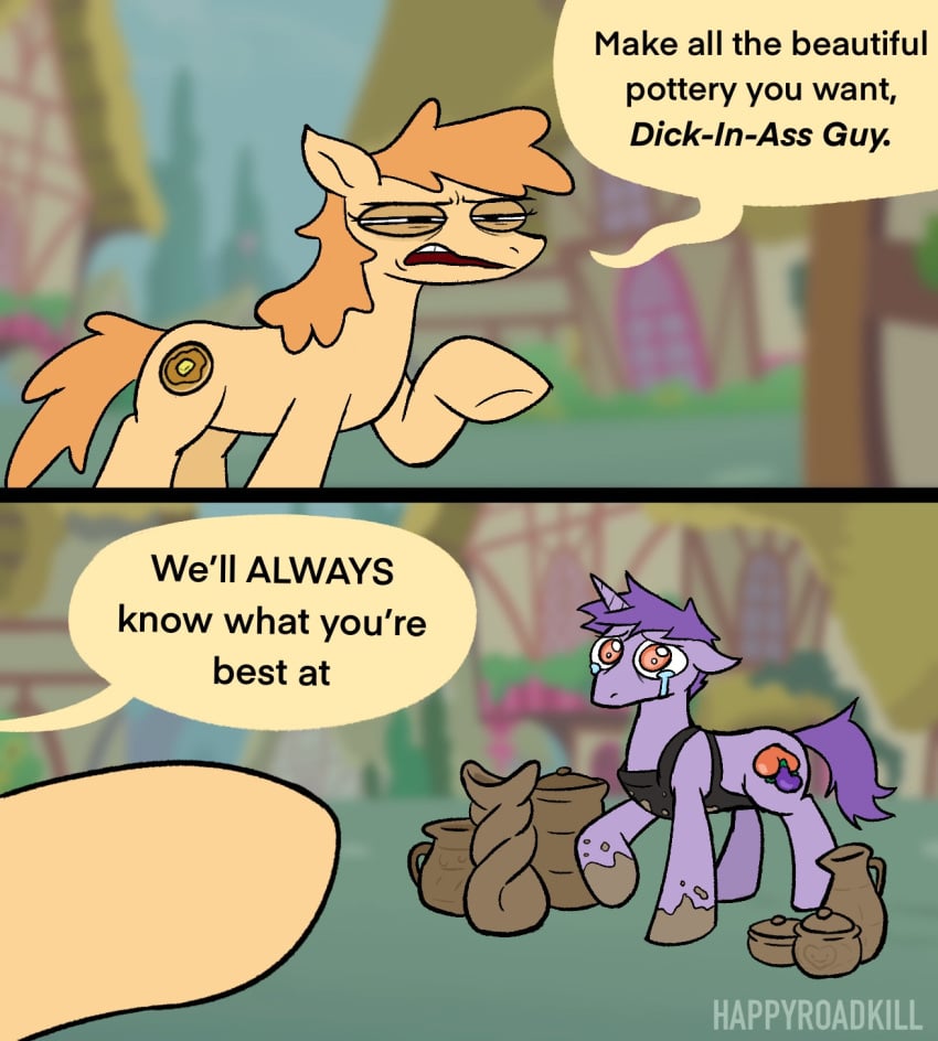 1boy 1girls bad_dragon_dildo comic dragon_dildo eggplant eggplant_emoji eggplant_insertion funny happyroadkill my_little_pony my_little_pony_friendship_is_magic original original_character peach_emoji pony pottery tear text unicorn