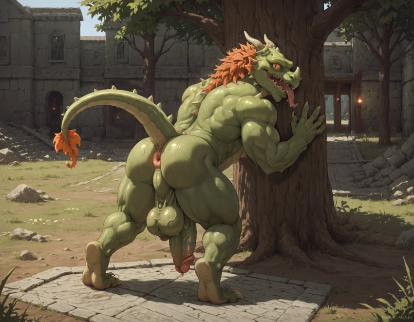 1boy 1male 5_fingers abs ai_generated anthro anus ass back balls bara booster_rex colored_skin completely_nude completely_nude_male day dragon electronic_arts erection full_body furry furry_male green_skin horns large_pectorals looking_at_viewer looking_back male male_focus male_only monster monster_boy muscular muscular_anthro muscular_male nsfw nude nudity open_mouth orange_hair outdoors pectorals penis plants_vs_zombies popcap_games precum presenting pvz scales sharp_teeth snapdragon_(pvz) solo tail teeth testicles thick_thighs thighs tongue tongue_out tree uncensored veins veiny_penis