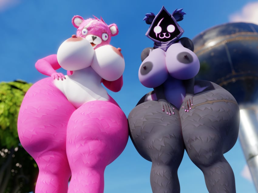 2girls areola big_areola big_breasts ctgiantess cuddle_team_leader epic_games female female_only fortnite hands_on_thighs huge_thighs looking_down low-angle_view nipples raven_team_leader tagme