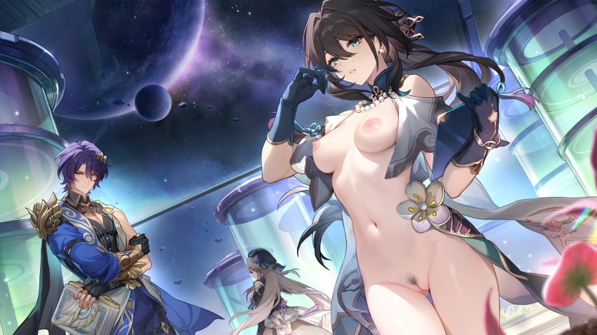 1girls black_hair earrings functionally_nude green_eyes highres holding_clipboard honkai:_star_rail honkai_(series) medium_breasts nude nude_female pubic_hair pussy pussy_hair ruan_mei_(honkai:_star_rail) scroge third-party_edit