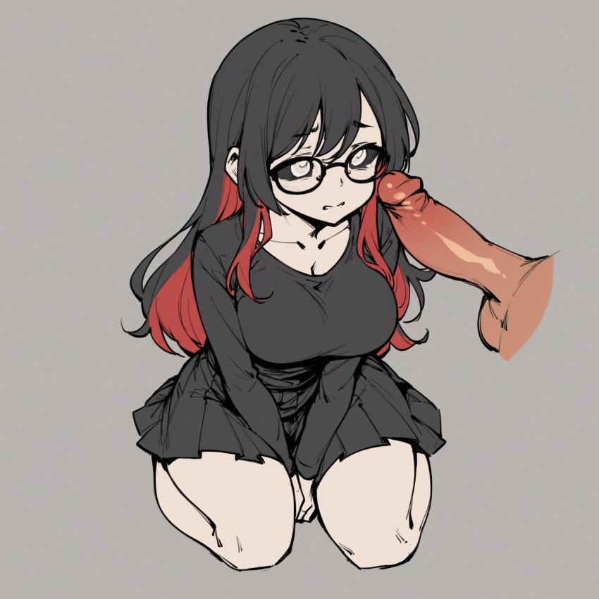 1boy 1girls absurd_res ai_generated black_hair black_sclera black_shirt black_skirt breasts clothed colored_inner_hair disembodied_penis dubious_consent duo falsegate flat_colors fully_clothed fully_clothed_female glasses gray_background highres imminent_blowjob imminent_oral imminent_sex kneeling large_breasts long_hair multicolored_hair nervous oc_(falsegate) original original_character penis pleated_skirt red_hair shirt simple_background simple_shading skirt stable_diffusion straight straight thick_thighs thighs white_eyes wide_hips wren_ulysses