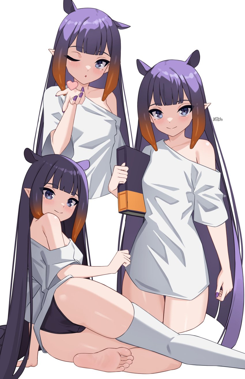 ass black_panties blowing_kiss feet heart hi_res hololive hololive_english hololive_myth long_hair looking_at_viewer looking_back ninomae_ina'nis oversized_clothes oversized_shirt panties small_breasts smile thick_thighs thighhighs thighs virtual_youtuber vtuber wink x_xith_x