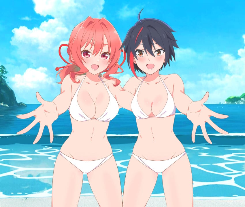 2girls beach black_hair cleavage largelong_hair looking_at_viewer medium_breasts red_hair short_hair standing white_bikini