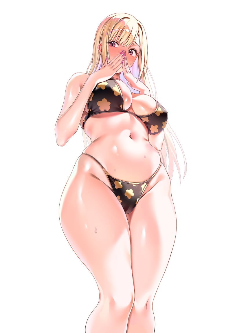 belly_button big_breasts blonde_hair blush breasts busty cute female from_below hands_on_face kitagawa_marin large_breasts light-skinned_female light_skin long_hair machulanko pink_eyes pinup portrait shy simple_background slim_waist solo solo_female sono_bisque_doll_wa_koi_wo_suru standing strip_game swimsuit thick thick_thighs thighs uncensored viewed_from_below white_background wide_hips