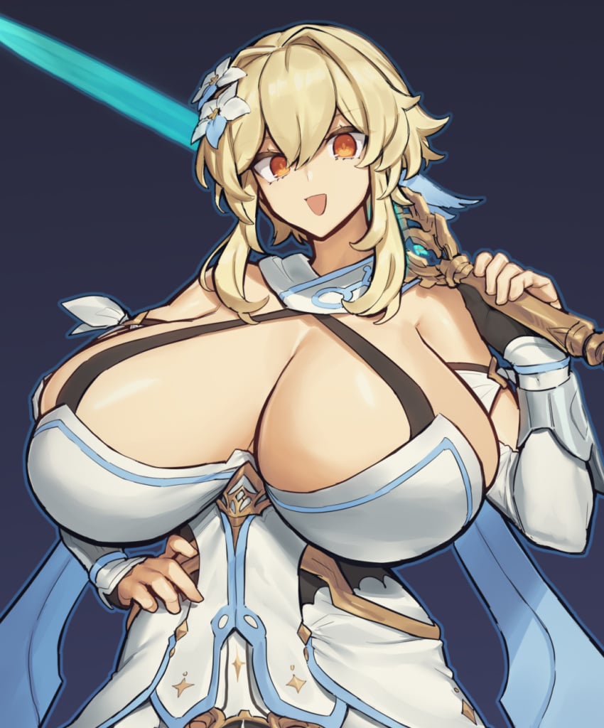 1girls alternate_breast_size bare_shoulders blonde_hair breasts breasts_bigger_than_head cleavage detached_sleeves dress feather_hair_ornament feathers female female_only flower flower_in_hair genshin_impact hair_between_eyes hand_on_hip holding_weapon huge_breasts looking_at_viewer lumine_(genshin_impact) melon22 open_mouth scarf short_hair short_hair_female short_hair_with_long_locks sidelocks smile solo sword yellow_eyes