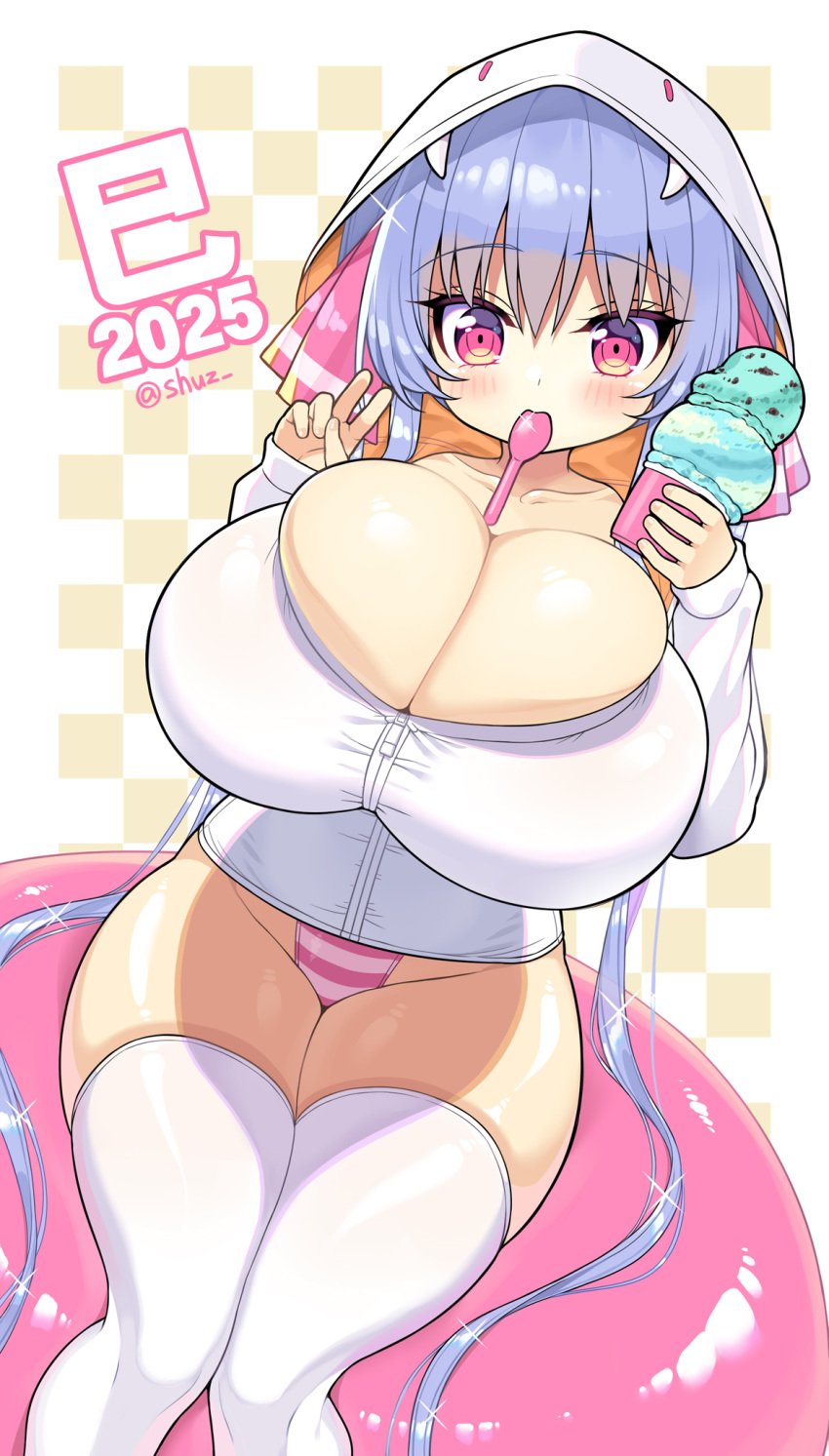 2025 blue_body blush cleavage cute hoodie ice_cream japanese_text long_hair looking_at_viewer new_year peace_sign pink_eyes riko_(shuz) round_ass shiny_skin shortstack shuz_(dodidu) skindentation snake_hood stockings thick_thighs thighhighs thong tight_clothing twintails wide_hips year_of_the_snake