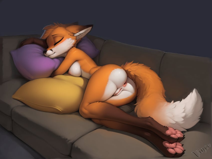 ai_generated anthro anus ass breasts canid canine claws closed_eyes female female_fox fox fur furry lying mammal nipples orange_body orange_fur original original_character pawpads paws pussy tail vince_ai