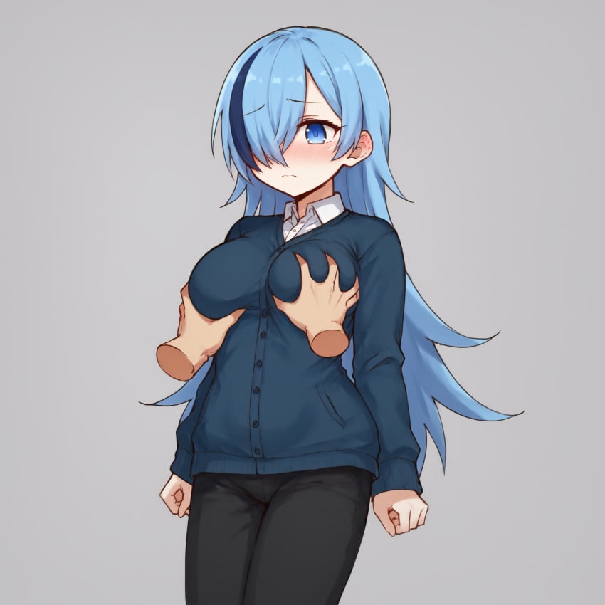 1girls absurd_res ai_generated blue_cardigan blue_eyes blue_hair blush cardigan clothed covered_eye dubious_consent falsegate fully_clothed grabbing_breasts groping groping_breasts hair_over_one_eye hands_on_breasts highres large_breasts multicolored_hair nervous original original_character seiko_myrallis standing two-tone_hair