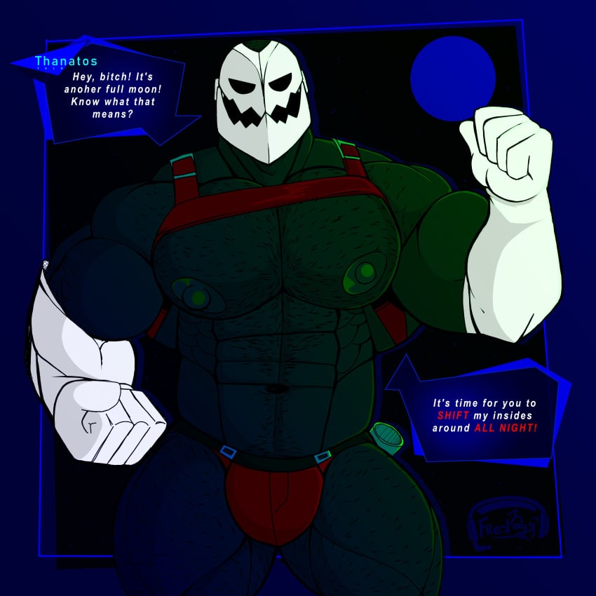 1boy bara bulge dialogue english_text fred7298nsfw gay hi_res humanoid imminent_sex inviting inviting_to_sex looking_at_viewer male male_only megami_tensei muscular muscular_male nude pecs shin_megami_tensei solo solo_focus text thanatos_(megami_tensei)