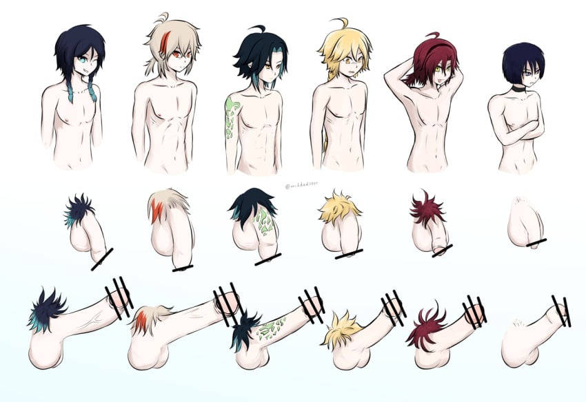 aether_(genshin_impact) censor_bar colored_pubic_hair erect_penis erection femboy flaccid flaccid_penis gay genshin_impact kaedehara_kazuha penis_size_chart penis_size_comparison penis_size_difference pubic_hair scaramouche_(genshin_impact) shikanoin_heizou tattoo venti_(genshin_impact) xiao_(genshin_impact) yaoi