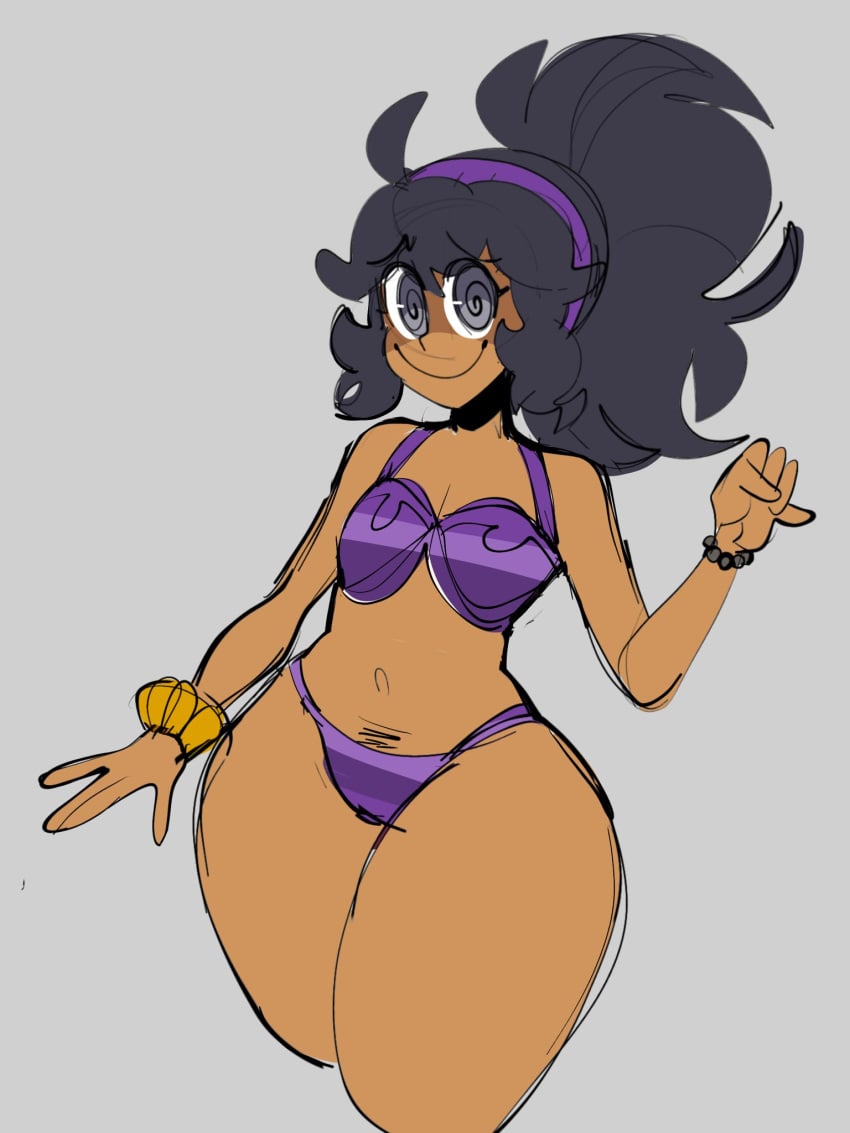 bikini bracelet female hex_maniac jamvcr nintendo pokemon ponytail pubic_hair smile tan_body thong waving