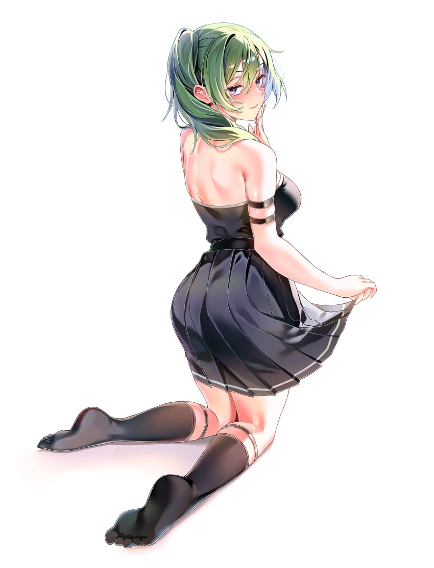 1girls back_view bare_back bare_legs bare_shoulders bare_thighs feet green_hair kneeling kneeling_oral_position long_hair looking_at_viewer looking_back machulanko medium_breasts purple_eyes skirt skirt_lift smiling_at_viewer socks soles sousou_no_frieren teenager thick_thighs tied_hair ubel_(sousou_no_frieren) white_background