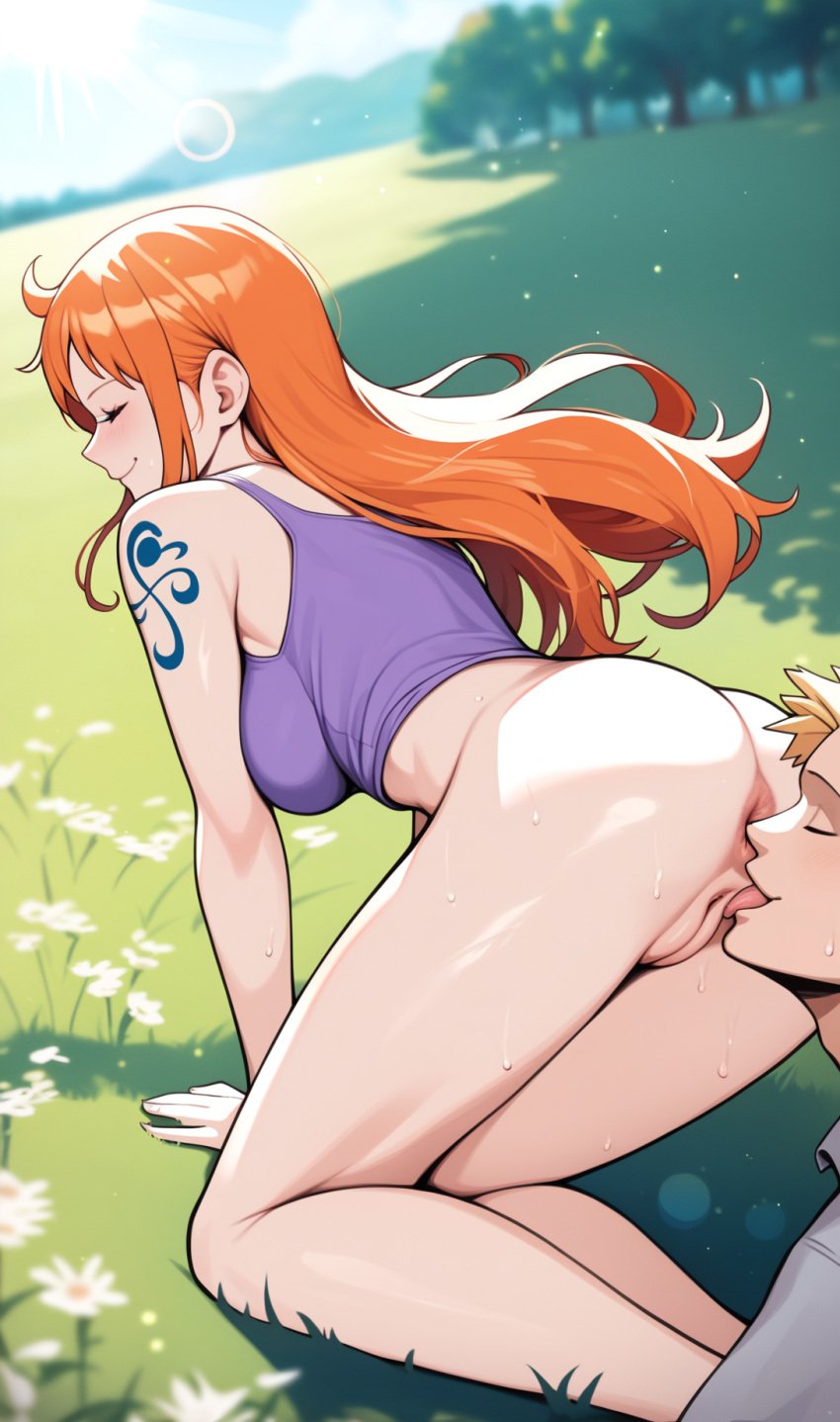 1boy 1boy1girl 1girls ai_generated anus ass big_ass blonde_hair blue_tank_top bottomless closed_eyes cunnilingus day detailed_background female field her_brother_drives_a_subaru heterosexual lens_flare licking licking_pussy long_hair nami nami_(one_piece) nature one_piece orange_hair outdoors post-timeskip pussy self_upload smile stable_diffusion straight tank_top tattoo