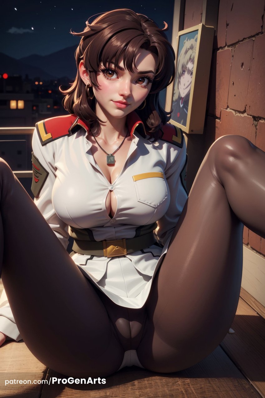 1girls ai_generated artist_name belt black_pantyhose breasts brown_eyes brown_hair button_gap cameltoe cleavage collarbone earrings gundam gundam_seed gundam_seed_destiny gundam_seed_freedom hi_res jewelry large_breasts lips looking_at_viewer military military_uniform mobile_suit_gundam murrue_ramius necklace night night_sky panties panties_under_pantyhose pantyhose patreon_logo patreon_username progenarts sitting sky solo spread_legs underwear uniform web_address white_panties