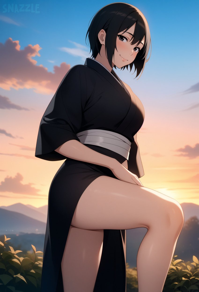 ai_generated black_eyes black_hair black_kimono blush closed_mouth from_side half-closed_eyes hand_on_own_leg highres japanese_clothes kimono leg_up looking_at_viewer medium_breasts naruto naruto_(series) naruto_shippuden nature outdoors shizune short_hair side_slit smile snazzdaz snazzle stable_diffusion standing sunset thighs watermark