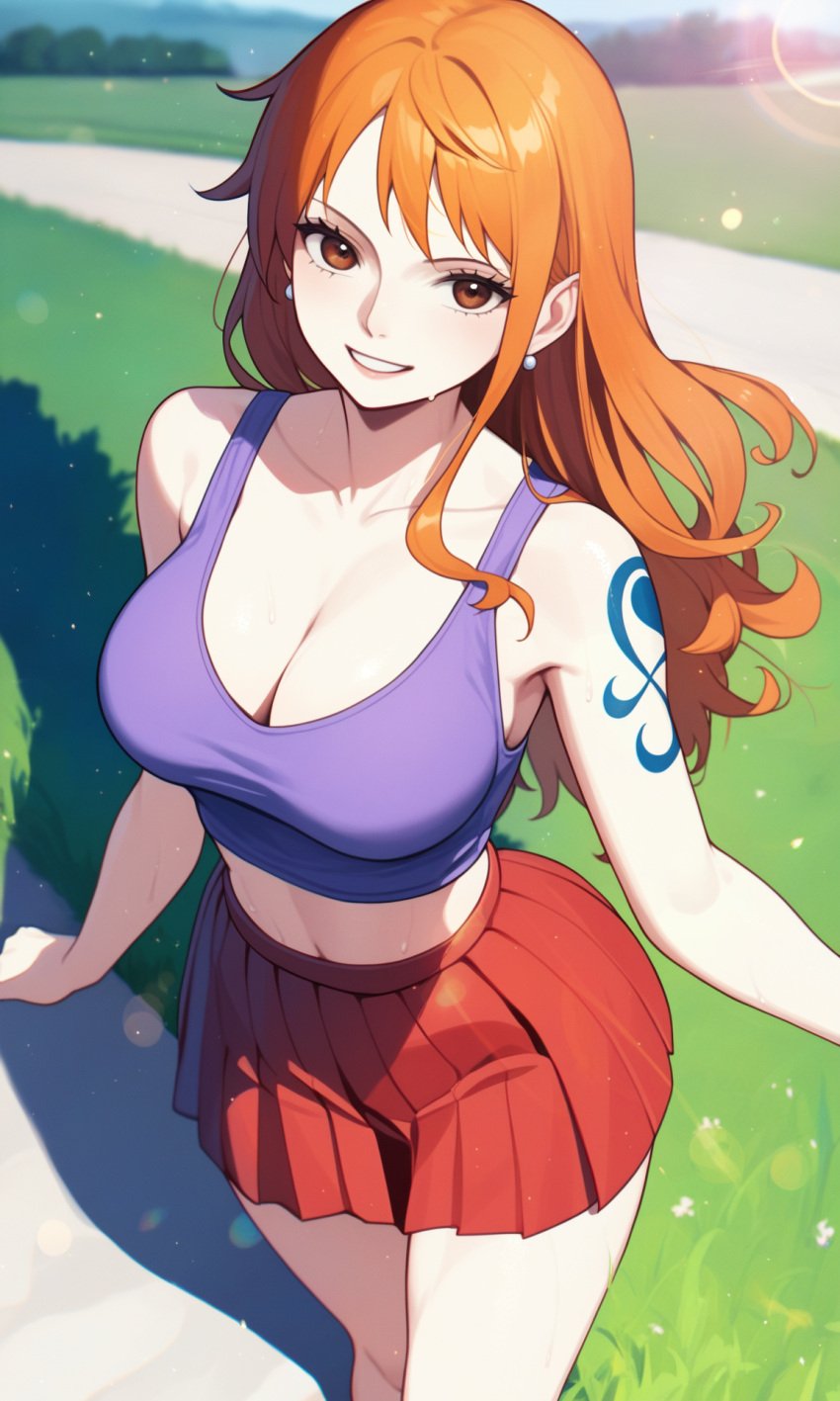 1girls ai_generated blue_tank_top brown_eyes cleavage curvy curvy_female day detailed_background earrings female female_only field from_above her_brother_drives_a_subaru large_breasts lens_flare long_hair midriff nami nami_(one_piece) nature one_piece orange_hair outdoors parted_lips pleated_skirt post-timeskip red_skirt self_upload skirt smile solo stable_diffusion tank_top tattoo walking