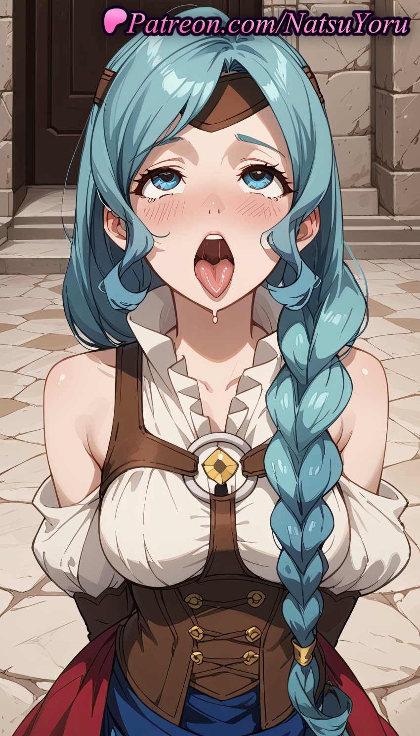 1girls ahe_gao ai_generated anime anime_style aqua_hair arms_behind_back bare_shoulders blue_eyes blue_hair blush braid braided_ponytail breasts bust busty chest_harness collarbone corset detached_sleeves female female_focus female_only female_solo hair_over_shoulder harness hentai long_hair looking_at_viewer looking_up medium_breasts natsuyoru non-asian o-ring open_mouth oral_invitation outdoors parted_bangs red_skirt rolling_eyes saliva shirt single_braid skirt solo solo_female stone_floor tate_no_yuusha_no_nariagari teeth the_rising_of_the_shield_hero therese_alexanderite tongue tongue_out underbust upper_body upper_teeth_only voluptuous voluptuous_female white_shirt