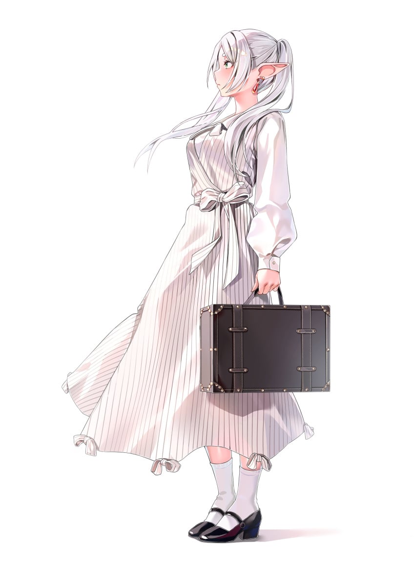 boots elf elf_ears elf_female frieren green_eyes long_dress long_hair long_sleeves looking_away luggage machulanko medium_breasts petite petite_body petite_female ponytail short_girl side_view skirt slim_waist smiling smiling_at_viewer socks sousou_no_frieren tied_hair white_hair wide_hips wind wind_lift