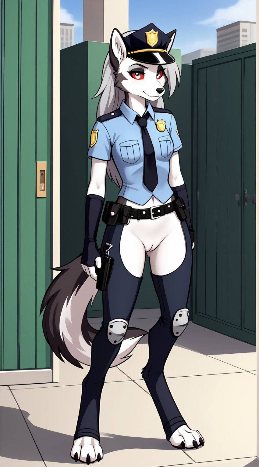 1girls 2025 ai_generated anthro canine crotchless digitigrade grey_fur hellhound helluva_boss hi_res inner_ear_fluff innie_pussy long_hair looking_at_viewer loona_(helluva_boss) outdoors police police_uniform pussy red_sclera silver_eyes silver_hair smile white_fur