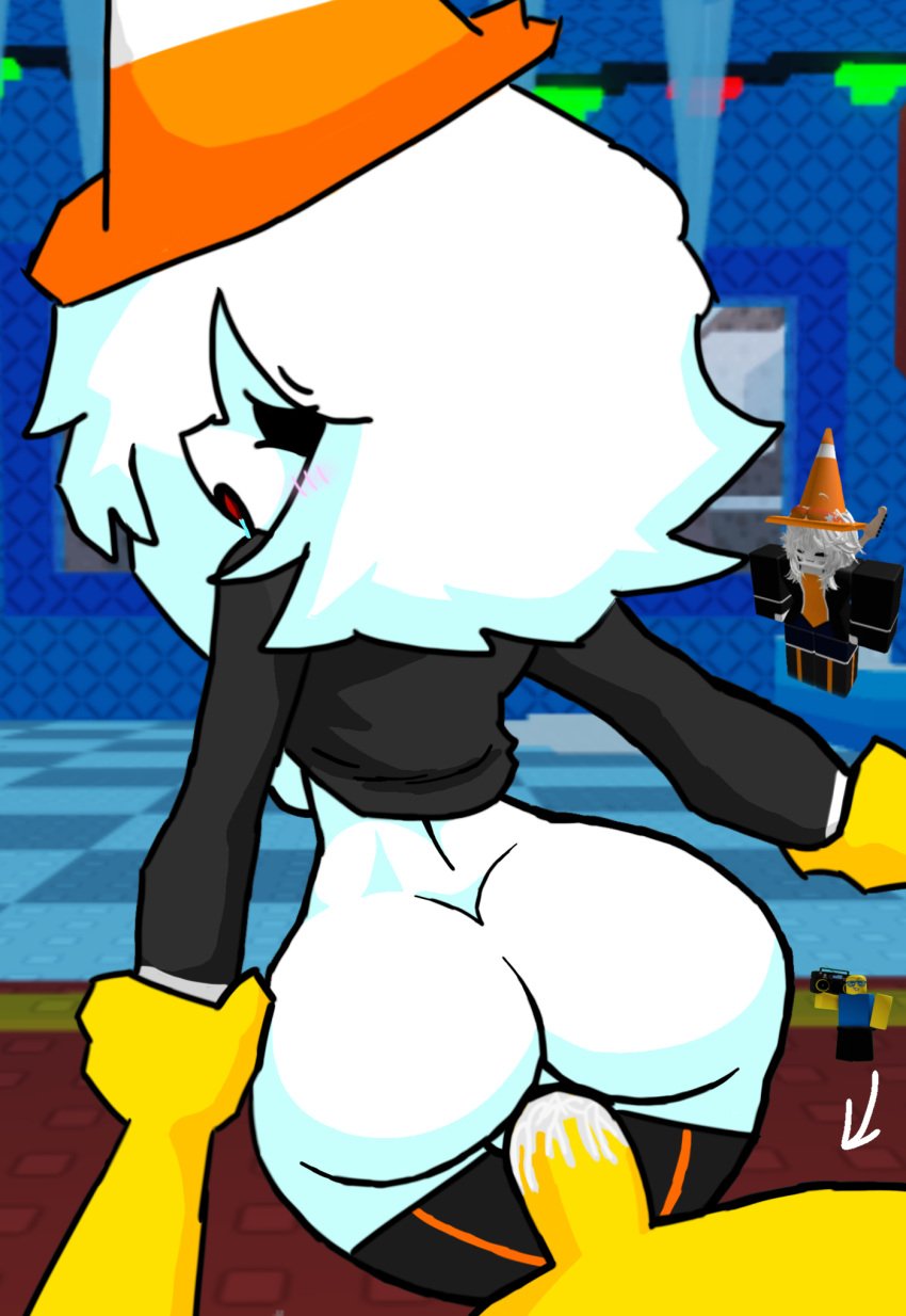 black_jacket blush boombox_(doomspire_defense) crimtheburningqueen cum cum_in_pussy cum_inside doomspire_defense pleasure_face reference_image roblox roblox_avatar roblox_game robloxian sex sex_from_behind traffic_cone white_hair white_skin yellow_skin