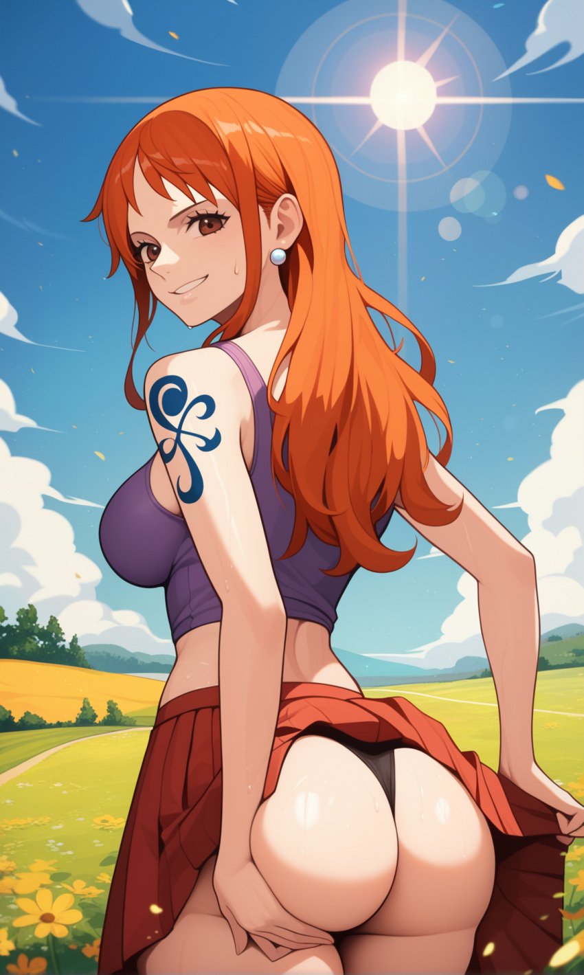 1girls ai_generated ass ass_focus ass_grab big_ass big_breasts black_panties blue_tank_top brown_eyes bubble_butt curvy curvy_female detailed_background earrings female female_only field from_behind her_brother_drives_a_subaru lens_flare long_hair nami nami_(one_piece) nature one_piece orange_hair outdoors panties pleated_skirt post-timeskip red_skirt self_upload skirt skirt_lift solo stable_diffusion sun tank_top tattoo