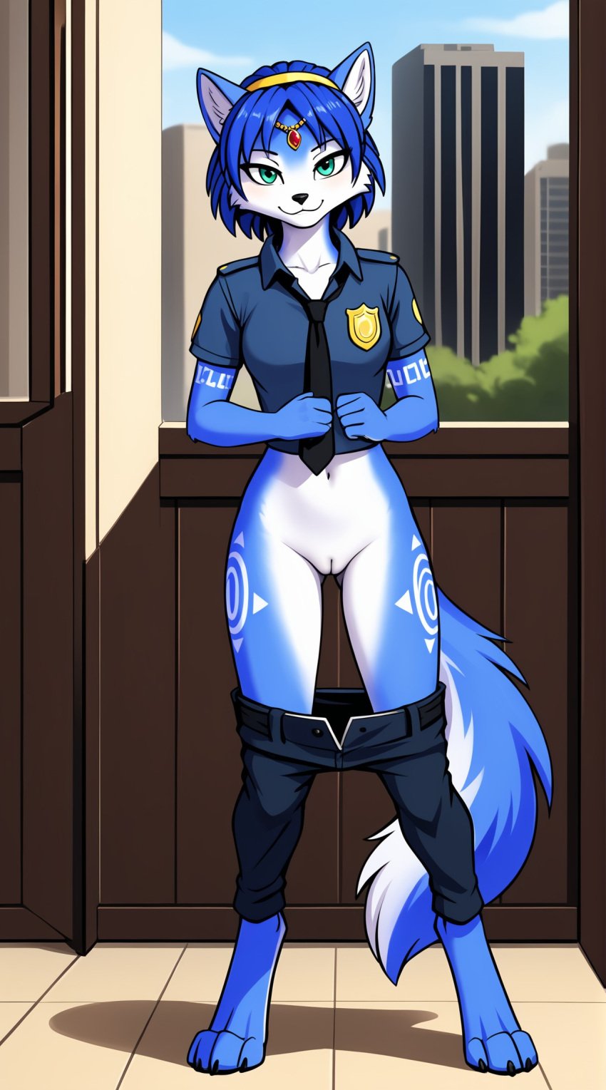 1girls 2025 ai_generated anthro bedroom_eyes blue_eyes blue_fur blue_hair canine curvy_female curvy_figure digitigrade eyes_half_open hi_res inner_ear_fluff innie_pussy krystal looking_at_viewer nintendo outdoors pants_down police police_uniform pussy short_hair smile star_fox taking_clothes_off white_fur