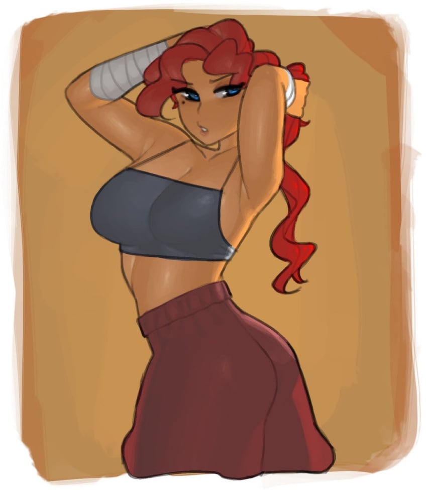 curvy curvy_female erica_(rayschera) oc original original_character ponytail rayschera red_hair red_hair redhead_female solo solo_female solo_focus tan_body tan_skin tank_top transparent_clothing voluptuous voluptuous_female wrappings wraps