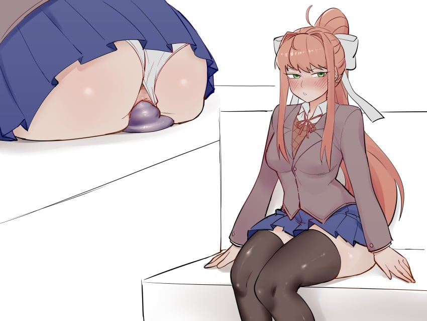 1girls 2d anal anal_masturbation anal_sex ass blush brown_hair carambolatup clothed clothes dildo dildo_in_ass dildo_sitting doki_doki_literature_club female green_eyes hair_ribbon hairbow long_hair monika_(doki_doki_literature_club) panties panties_aside public public_masturbation seated skirt solo solo_focus thick_thighs thigh_highs thighhighs thighs uncensored