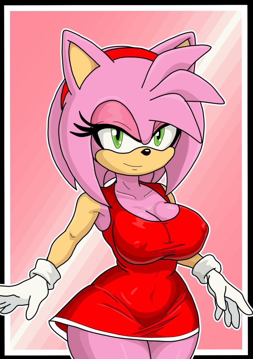 amy_rose bedroom_eyes big_breasts dress female fully_clothed furry gloves nipples_visible_through_clothing rekheadz smile