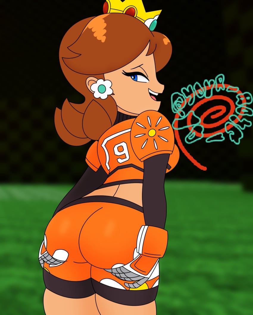 ass ass_focus ass_grab ass_up booty_shorts female mario_(series) mario_strikers nintendo orange_hair princess_daisy royalty shorts wifeyvoo