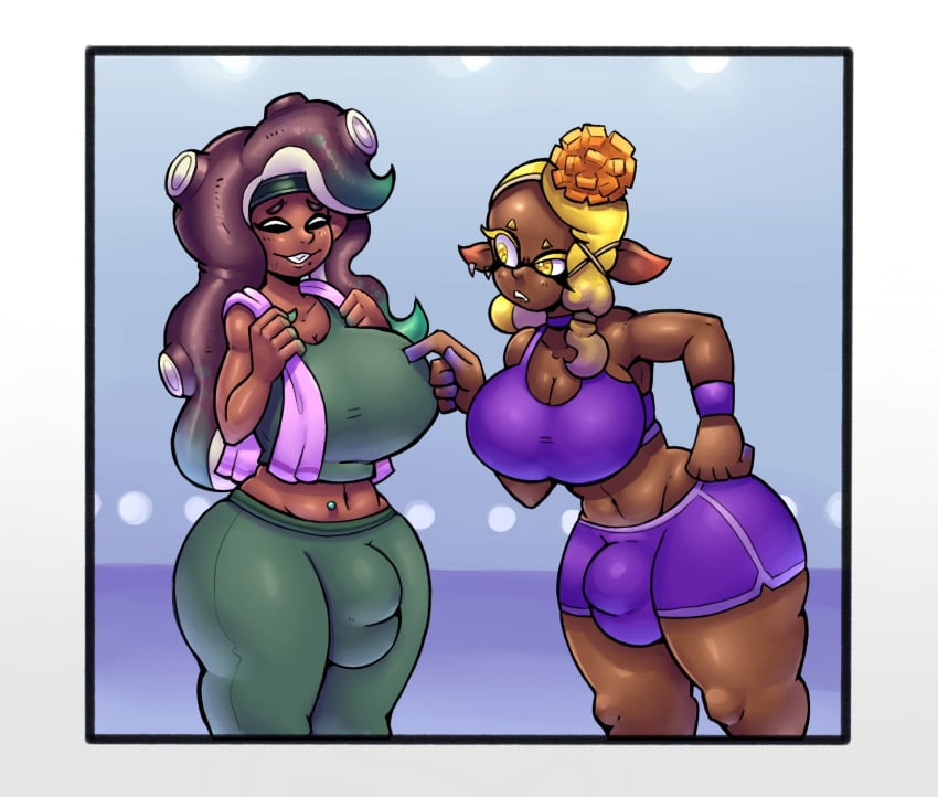 2025 2futas big_breasts clothed clothing dark-skinned_futanari dark_skin dynamicfuncorner frye_(splatoon) gym_uniform inkling marina_(splatoon) nintendo octoling splatoon splatoon_(series) splatoon_2 splatoon_3 sports_bra tagme yellow_eyes yoga_pants