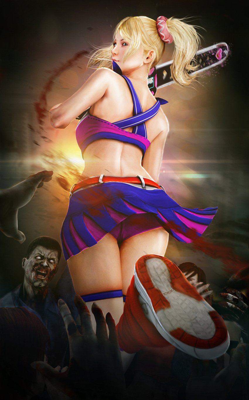 3d ass blonde_female blonde_hair blue_eyes chainsaw cheerleader juliet_starling lollipop_chainsaw panties pantyshot purple_panties skirt skirt_lift skstalker twintails zombie