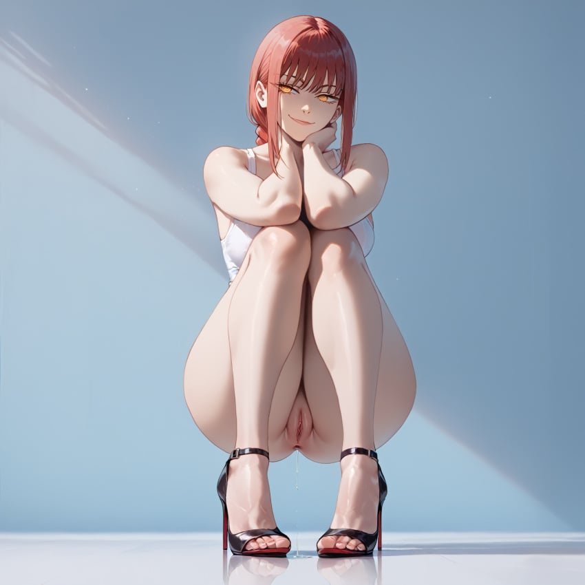 ai_generated anus chainsaw_man gradient_background high_heels huge_ass japaia looking_at_viewer makima_(chainsaw_man) pussy pussy_juice pussy_juice_drip red_eyes reflective_floor simple_background smile smiling smiling_at_viewer smug stiletto_heels topless_female uncensored uncensored_anus uncensored_pussy wide_hips yellow_eyes