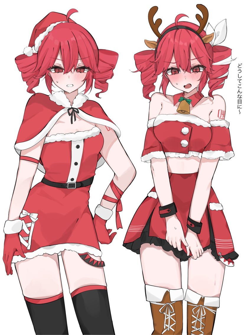 2d 2d_(artwork) 2girls annoyed annoyed_expression artist_request blush christmas christmas_hat christmas_outfit crop_top dress embarrassed exposed_midriff female flustered kasane_teto kasane_teto_(sv) red_eyes red_hair reindeer_antlers short_dress skindentation skirt synthesizer_v thighhighs thighs twin_drills utau