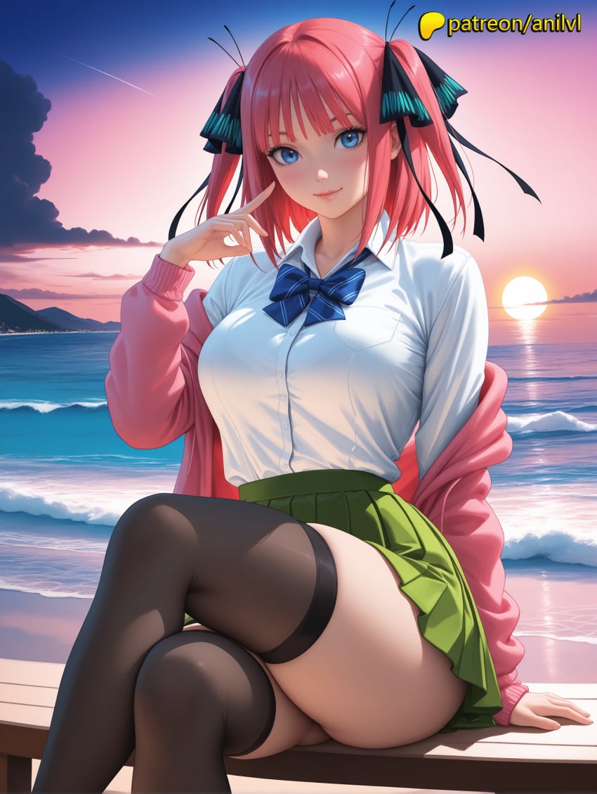 1girls 2024 ai ai_assisted ai_generated anilvl anime anime_girl anime_style artist_name bangs beach big_breasts big_breasts big_breasts big_chest black_legwear blue_eyes blunt_bangs blush bow bowtie bra_visible_through_clothes breast breasts breasts breasts bust busty chest closed_mouth cloud cloudy_sky collared_shirt crossed_legs evening female go-toubun_no_hanayome gradient_sky green_skirt hair_ornament hi_res high_quality high_resolution highres horizon jacket lake large_breasts lens_flare lighthouse long_sleeves looking_at_viewer mountain mountainous_horizon nakano_nino ocean off_shoulder orange_sky outdoors patreon patreon_username pier pink_hair pleated_skirt pool poolside ribbon river sand school_uniform shirt shore short_hair sitting skirt sky smile solo stable_diffusion sun sunrise sunset thighhighs thighs twilight two_side_up water watercraft watermark waves white_shirt