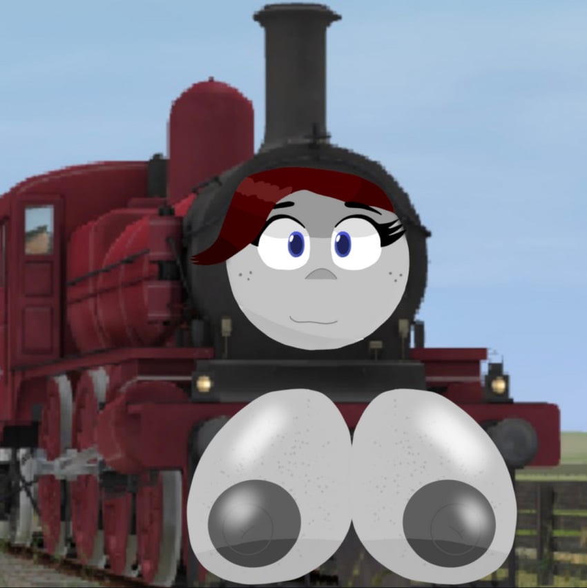 blue_eyes eyelashes grey_breasts grey_face hair locomotive steam_locomotive train