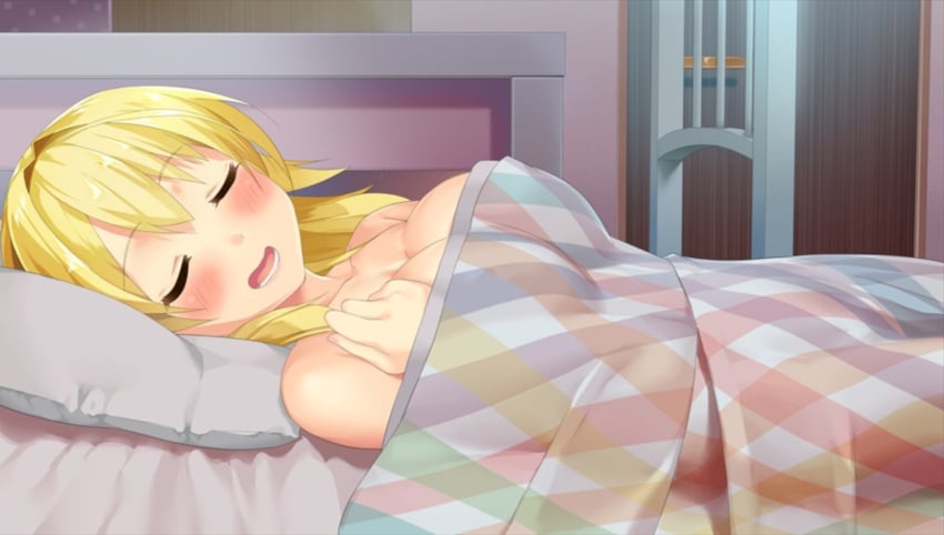 akari_hanao big_breasts blonde_hair cute female_only moe_ninja_girls naked sleeping_nude tease