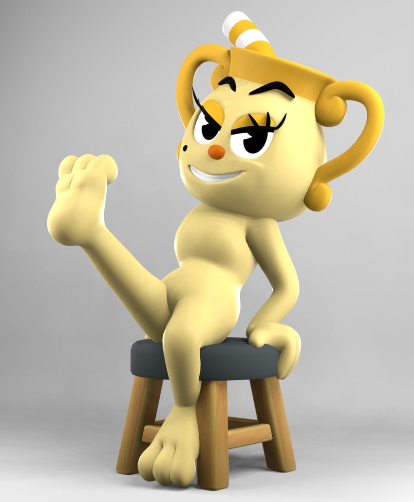 1girls 3d barefoot blender cuphead:_the_delicious_last_course cuphead_(game) feet female_only flat_chest looking_at_viewer ms._chalice netflix no_nipples nude ocsfa posing posing_for_the_viewer sitting stool the_cuphead_show