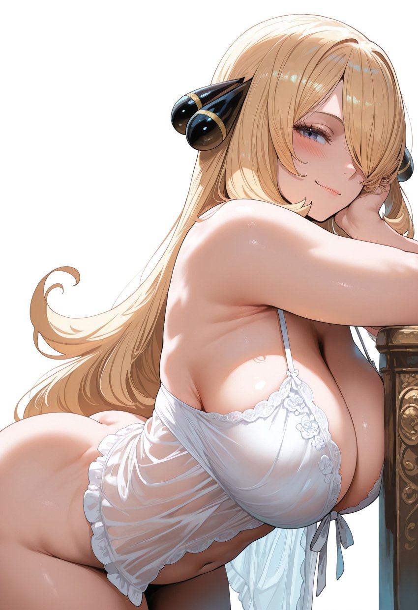 1girls ai_generated blonde_hair breasts cynthia_(pokemon) female flyingpancake game_freak hair_over_one_eye hips huge_breasts light-skinned_female light_skin lingerie long_hair nintendo pokemon pokemon_dppt thick_thighs thighs wide_hips