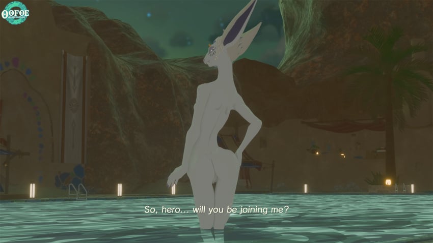 3d blender blender_(software) dialogue english english_text furry furry_female furry_only looking_at_viewer looking_back looking_back_at_viewer mineru night oofoe pool self_upload talking_to_viewer tears_of_the_kingdom the_legend_of_zelda the_legend_of_zelda:_tears_of_the_kingdom zonai