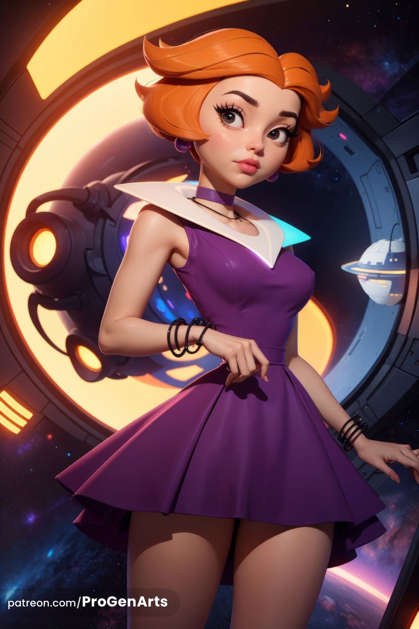 1girls ai_generated bracelet breasts brown_eyes choker dress earrings hanna-barbera hi_res jane_jetson jewelry lips medium_breasts necklace nose orange_hair patreon_username planet progenarts purple_choker purple_dress short_dress short_hair sleeveless sleeveless_dress solo space spacecraft the_jetsons web_address