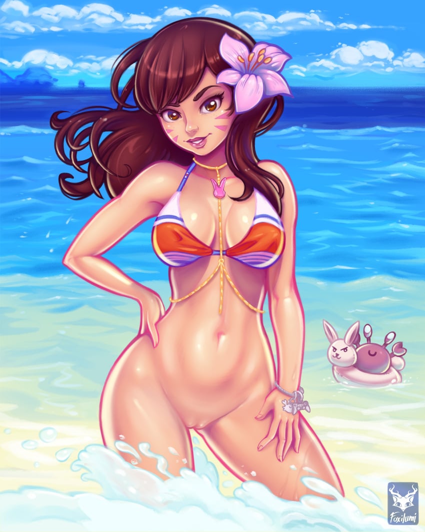 1girls beach bottomless brown_hair curvaceous curvy curvy_female d.va flower_in_hair foxilumi high_resolution highres medium_breasts overwatch pussy shaved_pussy solo solo_female vagina