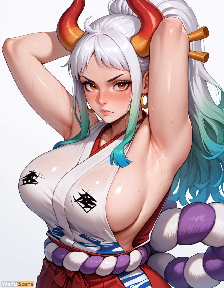 ai_generated armpits arms_behind_head arms_up blush breasts clothing curled_horns earrings female female_only green_hair hair_ornament hair_stick hakama high_resolution highres horns japanese_clothes jewelry kimono large_breasts lips long_hair looking_at_viewer multicolored_hair multicolored_horns one_piece oni orange_eyes ponytail red_horns rope shimenawa shiny_skin sideboob simple_background sleeveless sleeveless_kimono solo stable_diffusion sweat upper_body waifuscans418 white_background white_hair yamato_(one_piece)