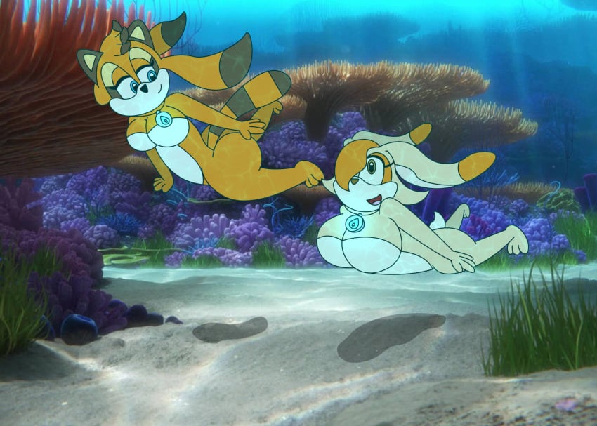 2girls anthro ass barefoot big_ass big_breasts breasts bubble_butt cream_the_rabbit featureless_breasts feet female female_only freediving furry huge_breasts marine_the_raccoon necklace necklace_only nude ocean rabbit raccoon sea sega skinny_dipping sonic_(series) sonic_the_hedgehog_(series) swimming thebigroundguy underwater water