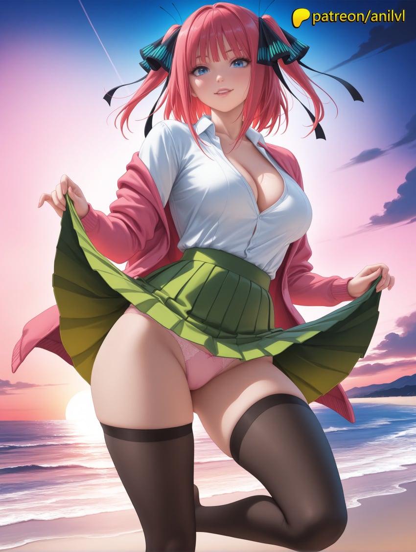 1girls 2024 ai ai_assisted ai_generated anilvl anime anime_girl anime_style artist_name bangs beach big_breasts big_breasts big_breasts big_chest black_legwear blue_eyes blunt_bangs blush breast breasts breasts breasts bust busty chest cleavage clothes_lift cloud cloudy_sky collarbone collared_shirt curtsey female flashing go-toubun_no_hanayome green_skirt hair_ornament hair_ribbon hi_res high_quality high_resolution highres horizon large_breasts lifted_by_another lifted_by_self long_hair long_sleeves looking_at_viewer nakano_nino ocean off_shoulder open_clothes outdoors panties patreon patreon_username pink_hair pink_panties pleated_skirt red_hair ribbon shirt skirt skirt_hold skirt_lift sky smile solo stable_diffusion sunrise sunset thighhighs thighs two_side_up underwear water watermark white_shirt