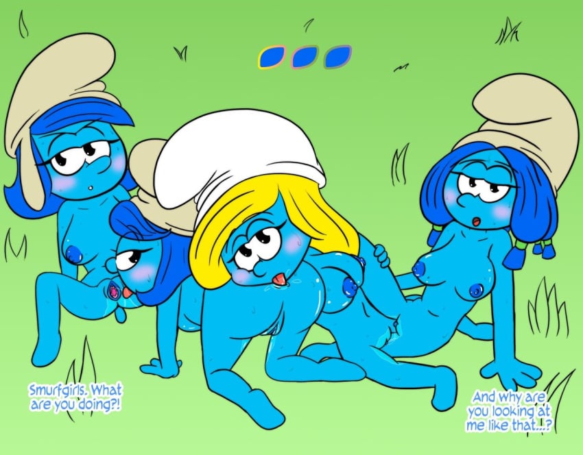 4girls all_fours anilingus ass blue_hair blue_nipples blue_skin blush breasts comic comic_page cunnilingus dialogue english_text female female_only foursome grinding hat_only headwear_only multiple_girls nipples on_ground otakon pussy rimjob smurfblossom smurfette smurflily smurfstorm text the_smurfs vagina yellow_hair